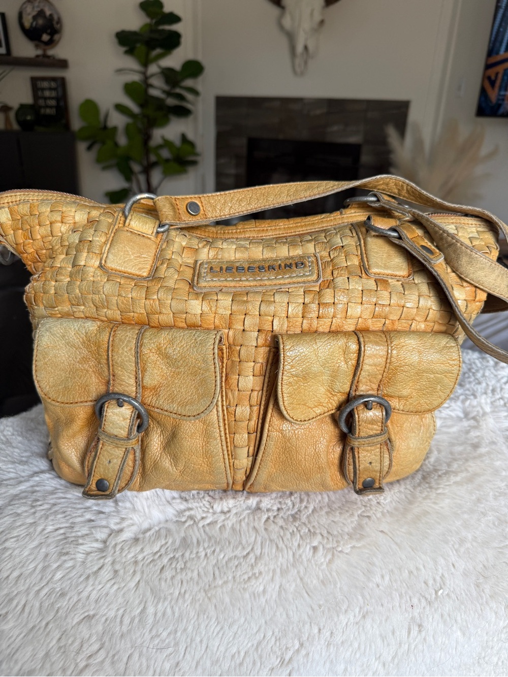 Liebeskind Woven Leather Shoulder Bag in Mustard Yellow